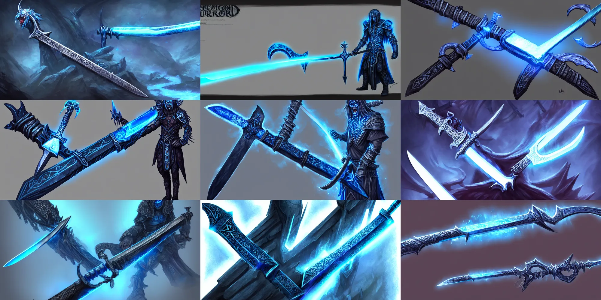 Image similar to Demonic sword in full length with blue glowing runes and eyes on the blade. In the dark, glowing ominously. Trending on ArtStation, concept art, highly detailed.