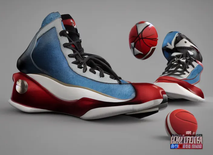 Image similar to basketball sneakers concept of captain america, picture by tim burton, render, cinema 4 d, octane render