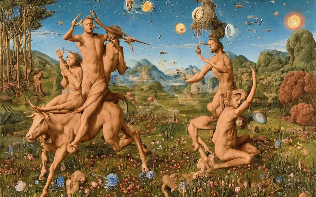 Image similar to a portrait photograph of a meditating satyr and a centaur monk riding a rocket machine and hunting at a river delta. surrounded by bulbous flowers and trees. mountain range under a blue sky of fiery stars. by jan van eyck, max ernst, ernst haeckel, ernst fuchs and artgerm, cgsociety, fashion editorial, 8 k