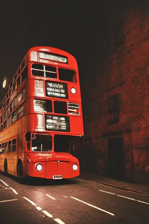 Image similar to a widescreen photo of a old london double - decker bus in a dark alley, low light, by steve mccurry