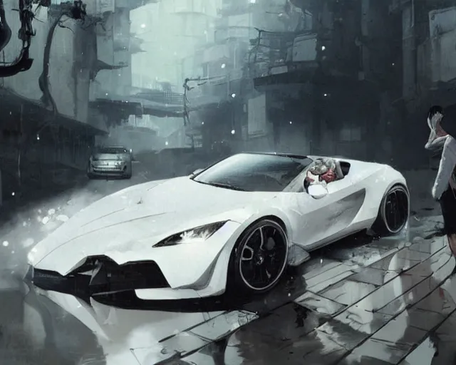 Image similar to a 50 year old brunnete chinese man getting into a white fast car, horror scene, dramatic, anime art, Greg Rutkowski, studio ghibli, dramatic lighting