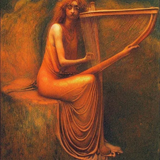 Prompt: sappho playing a broken harp by beksinski and austin osman spare, an album cover based on the tarot