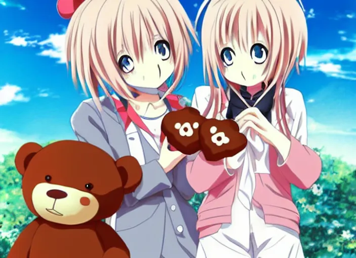 Prompt: An anime character holding a teddy bear and some cookies.. kadokawa light novel cover