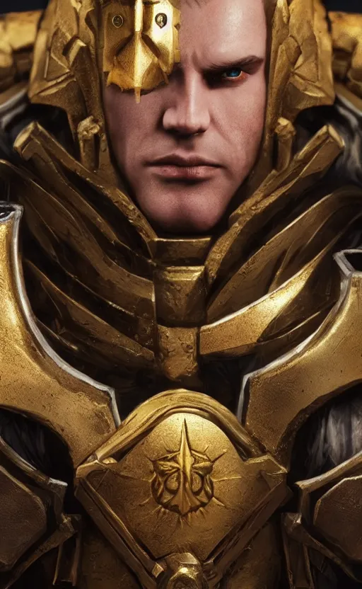 Image similar to warhammer 40k, half-lenght portrait of Emperor of Mankind, beautiful man without helmet, gold armor, beautiful face, long blonde hair, digital art, illustration, fine details, cinematic, highly detailed, octane render