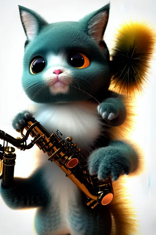 Image similar to high quality 3 d render very cute fluffy cyborg! cat plays saxophone, cyberpunk highly detailed, unreal engine cinematic smooth, in the style of blade runner & detective pikachu, hannah yata charlie immer, moody light, low angle, uhd 8 k, sharp focus