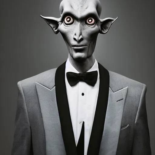 Image similar to “ portrait of a grey alien wearing a tuxedo, depth of field, zeiss lens, detailed, symmetrical, fashion photoshoot, by annie leibovitz and steve mccurry, david lazar, jimmy nelsson, breathtaking, award winning photo, 8 k resolution, extremely detailed, beautiful, establishing shot, artistic, hyperrealistic, beautiful face ”