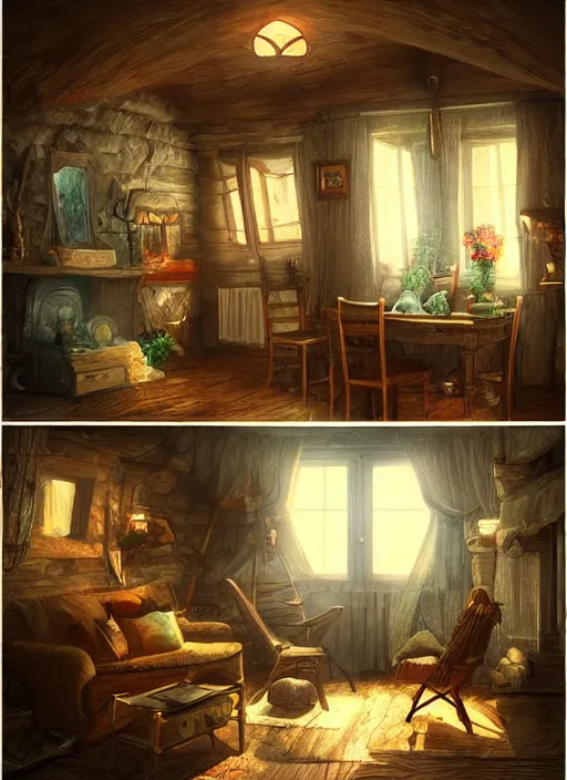 Image similar to beautiful interior of a cozy cottage, in the style of marco bucci, trending on artstation