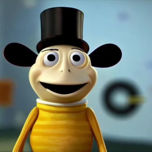 Image similar to a pixar still of a honeybee wearing a top hat