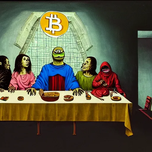 Image similar to pepe the frog eating at last supper with disciples, bitcoin and crypto graphs and charts in walls, cinematic horror by chris cunningham, junji ito, aleksandra waliszewska, richard corben, norman rockwell, highly detailed, vivid color, beksinski painting, part by adrian ghenie and gerhard richter. art by takato yamamoto. masterpiece