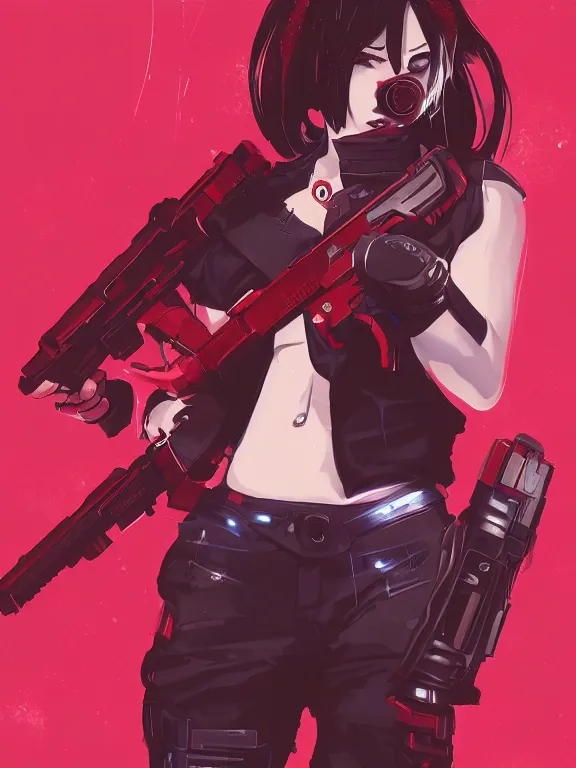 Image similar to a female character with a gun and a red background, cyberpunk art by muqi, featured on pixiv, rayonism, sci - fi, pixiv, official art