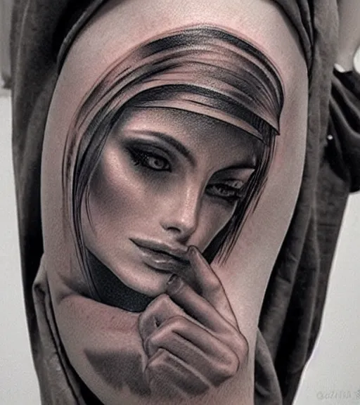 Image similar to a beautiful tattoo design, in the style of den yakovlev, hyper realistic, black and white, realism, highly detailed