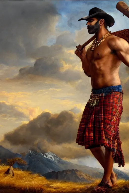 Prompt: a dramatic epic beautiful painting of a shirtless muscular desi man | he is wearing a scottish plaid kilt and cowboy hat, and holding a walking stick | background is mountains and clouds | dramatic lighting, golden hour, homoerotic | by mark maggiori and walter crane | trending on artstation