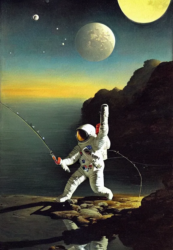 Image similar to astronaut in a spacesuit fishing and catching fish with a fishing rod from the crescent of the moon, realism, landscape