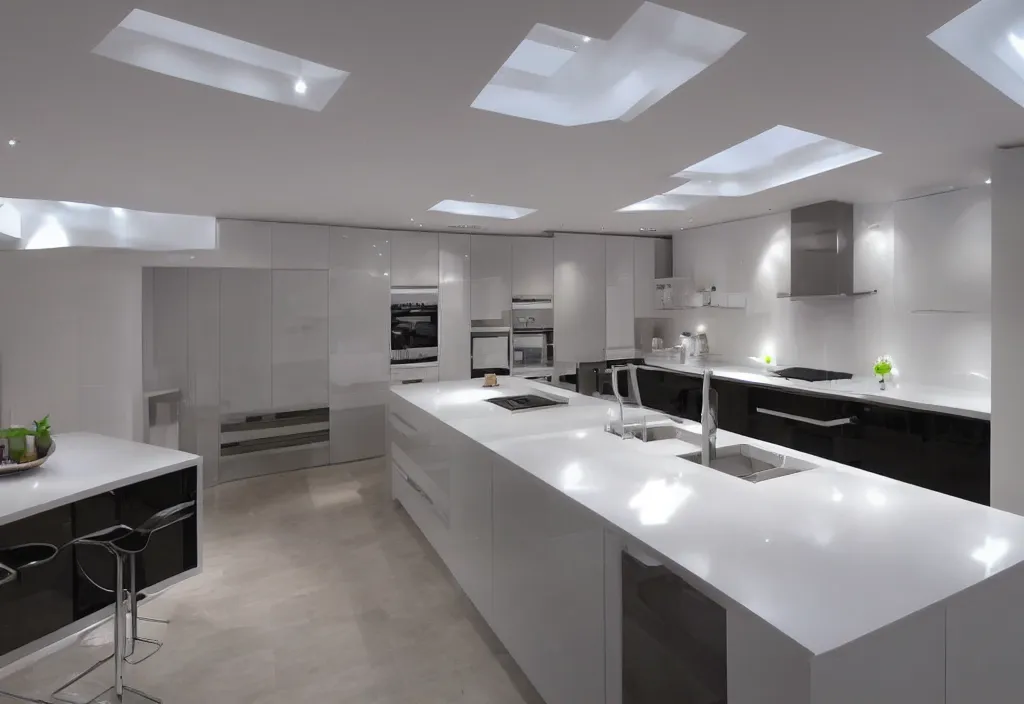 Prompt: modern kitchen with led strip lighting, homes and gardens, super detailed render, award winning,