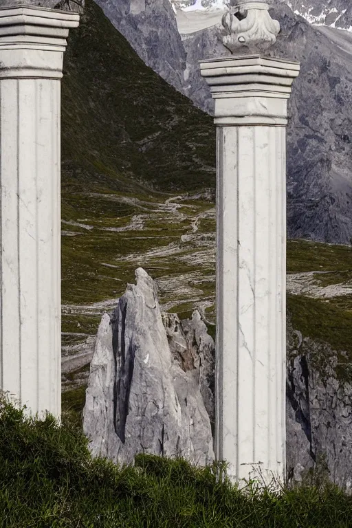 Prompt: marble steps with pillars mountains in background by gret rutkowski