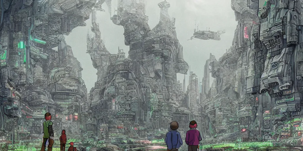 Image similar to highly detailed cell - shaded cartoon landscape with two boys looking at a miniature alien creature 1 9 8 0 s science fiction, 1 9 7 0 s science fiction, cyberpunk, moody, misty, depth perception, 4 k, artstation, in the style of studio ghibli