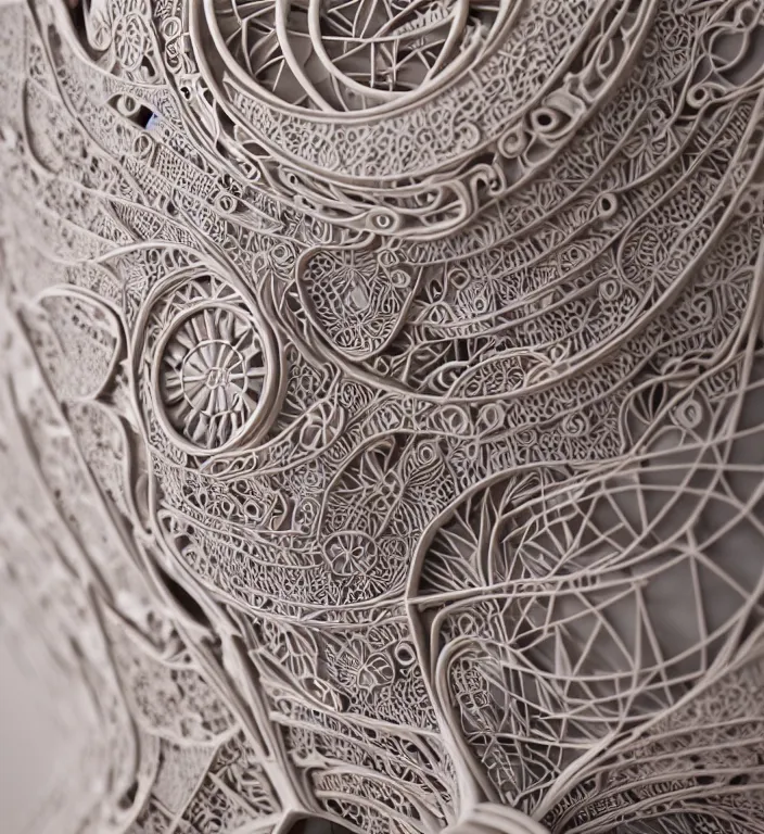 Image similar to Japanese architecture , A Close up photo-real delicate ceramic porcelain sculpture of a symmetrical ornate detailed in front of an intricate background by Victo Ngai and takato yamamoto, micro detail, backlit lighting, face in focus, subsurface scattering, translucent, thin porcelain, octane renderer, colorful, physically based rendering, japanese pottery, trending on cgsociety