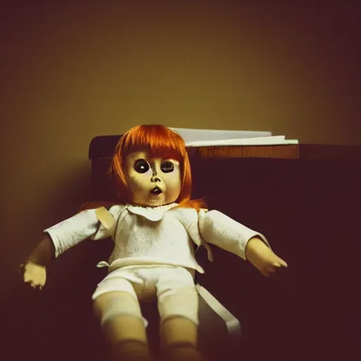 Image similar to fujifilm superia photo of a scary doll in empty office room, liminal, gloomy, grainy