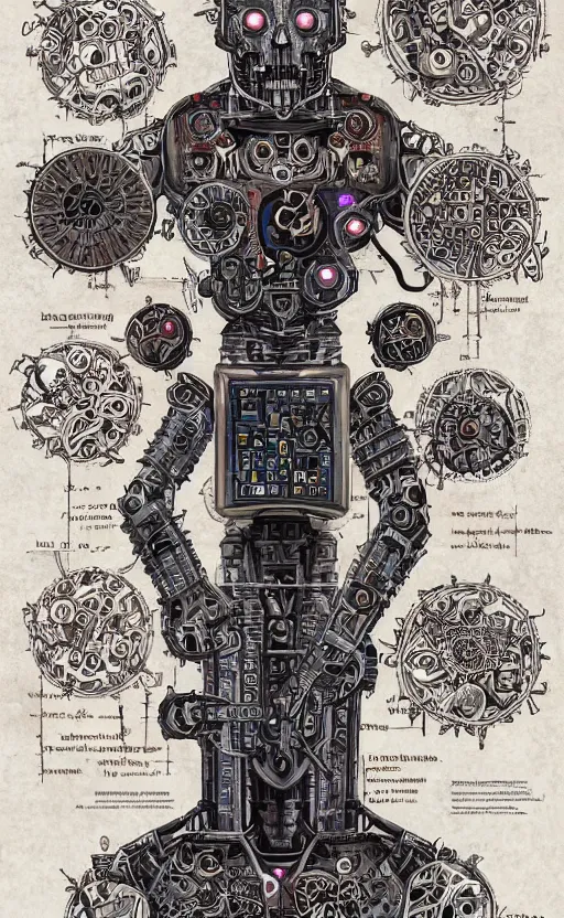 Prompt: anatomy of the vitruvian terminator, robot, cyborg, t 1 0 0, bloodborne diagrams, mystical, intricate ornamental tower floral flourishes, rule of thirds, technology meets fantasy, map, infographic, concept art, art station, style of wes anderson