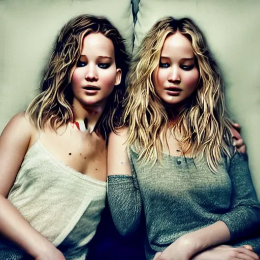 Prompt: beautiful serene intricate portrait of jennifer lawrence and jennifer lawrence, smiling softly, wearing casual clothes, relaxing on the couch, interior lighting, peaceful living room interior, soft focus, 8 k, art by irakli nadar, hyperrealism, hyperdetailed, ultra realistic