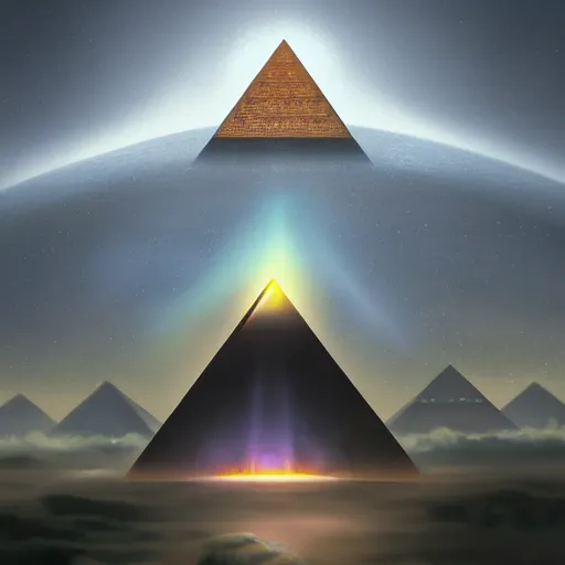 Image similar to the all seeing pyramid!! eyes watching over all of humanity and history and time and space, concept art, digital painting, trending on artstation, illustration, matte painting,