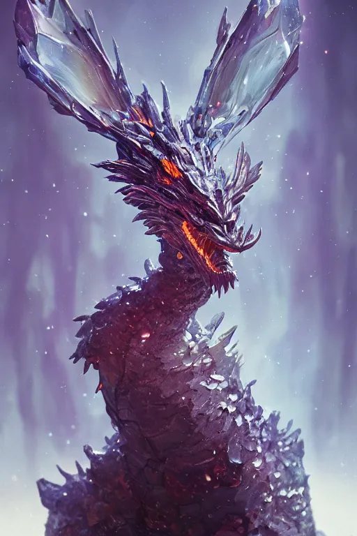 Image similar to A beuatiful portrait of a crystalized dragon by Greg Rutkowski, beeple, Sung Choi, Mitchell Mohrhauser, Maciej Kuciara, Johnson Ting, Maxim Verehin, Peter Konig, final fantasy, macro lens , 8k photorealistic, cinematic lighting, HD, high details, dramatic, dark atmosphere, trending on artstation