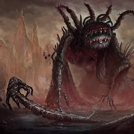 Prompt: d & d monster, huge spider monster covered in bulging eyes, dark fantasy, concept art, character art
