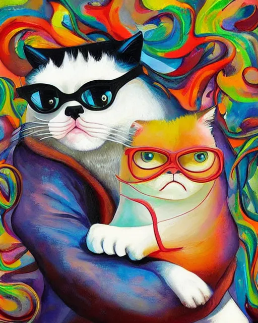 Prompt: a painting of a woman with ventage glasses holding a grumpy cat, a pop art painting by mahmoud farshchian, rhads, lisa frank, clint cearley, directed gaze, organic acrylic flow art, featured on deviantart, psychedelic fractal art, acrylic art, watercolor, psychedelic