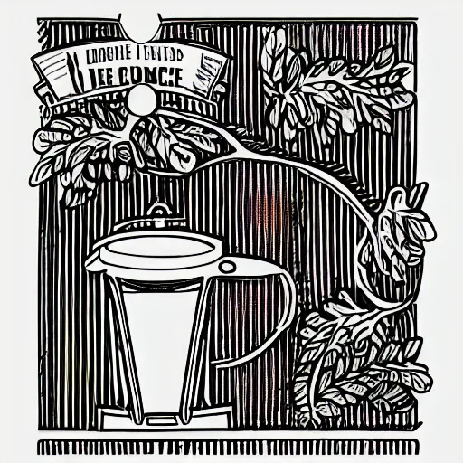 Prompt: french press, coffee, hand drawn, illustration, engraved vector, by alexanderpokusay