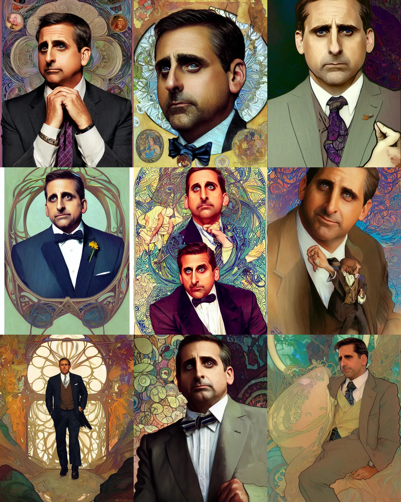 Prompt: A portrait of Steve Carell as Michael Scott by loish, Alphonse Mucha, Thomas Moran, Mandy Jurgens, fashion photography