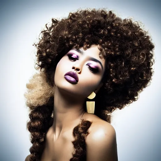 Image similar to gorgeous sultry model with a curly afro, cinematic pose, intricate hair details, jewellery, big hooped earrings, long nails, off the shoulder shirt, soulful, pouty lips, real life details, soft shadows, sharp focus, volumetric lights, rim light, character details, 3 d, award winning, model, beautiful, gorgeous