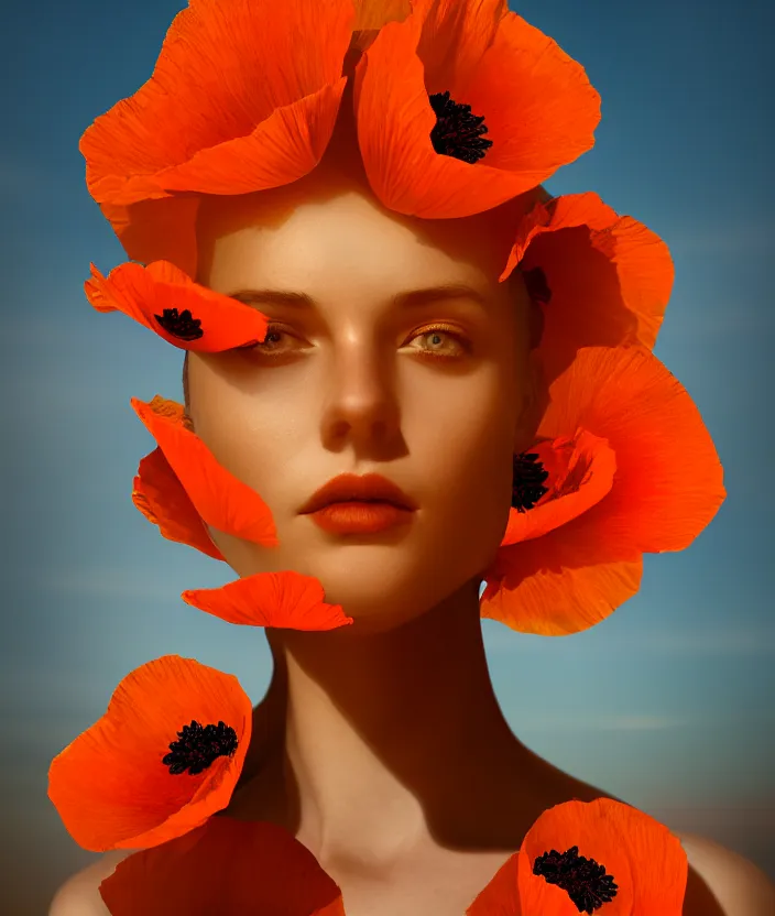 Prompt: a beautiful orange woman, symmetrical portrait, realistic, full body, red poppies, vine twist, rich details, nuclear sunset, 8 k, volumetric lighting, by wlop
