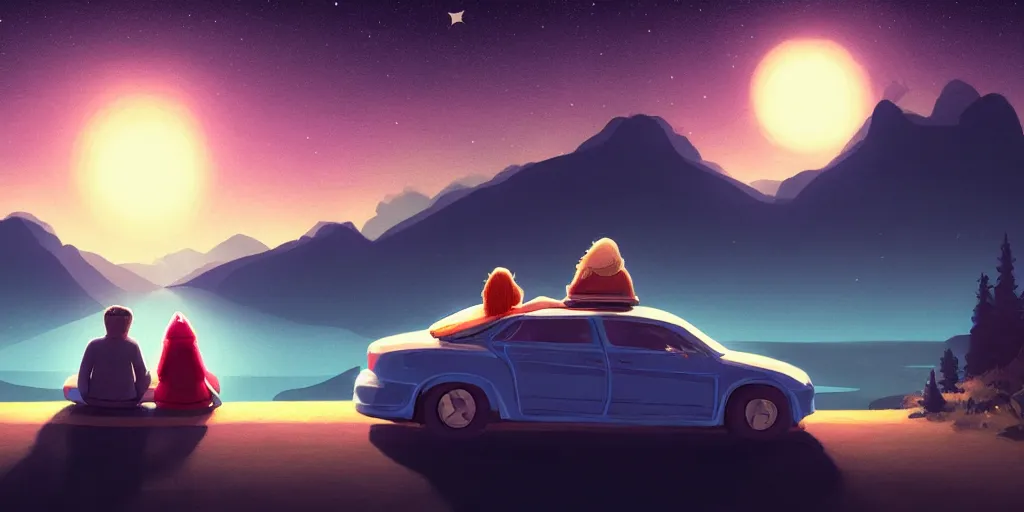 Image similar to a man and a woman sleeping in the car standing in mountains, stars shining, blue mountain lake. cute, illustration, digital art, inspired by little big planet, by greg rutkowski, detailed, sharp, masterpiece, highly detailed, photorealistic, octane render, 8 k, unreal engine 5, trending on artstation