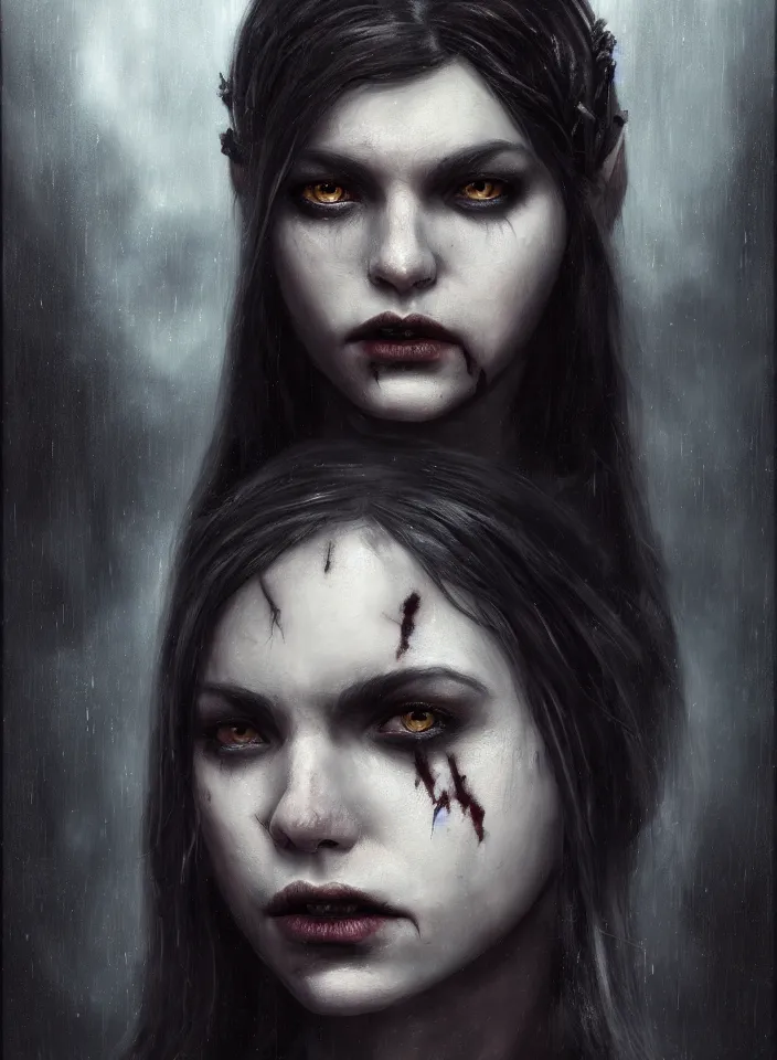 Image similar to a face portrait of a young female vampire from skyrim, fantasy setting, beautiful face, dark colors, scary lighting, atmospheric, cinematic, moody, in the style of diego koi, gina heyer, luiz escanuela, art by alyssa monk, hyperrealism, rule of thirds, golden ratio, oil on canvas, 8 k