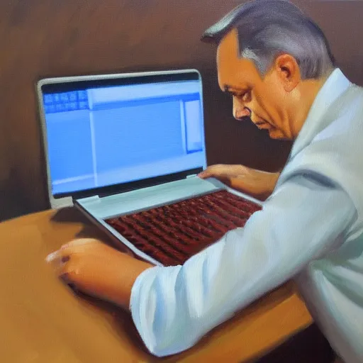 Image similar to viktor orban programming with a laptop in a cubicle, oil painting