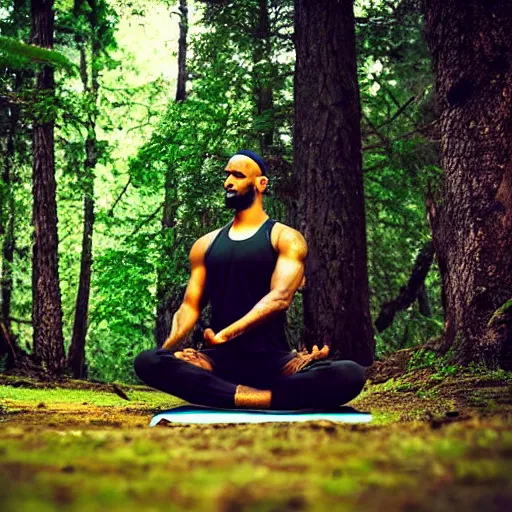 Image similar to lebron james doing yoga in the forest, videogame still, portrait, 4 0 mm lens, shallow depth of field, close up, split lighting, cinematic