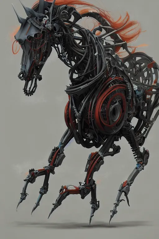 Prompt: 3 quarter view photography portrait of a biomechanical stalion horse illustrated by greg rutkowski and Akira Saito and Peter mohrbacher, boston dynamics, 4k,