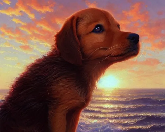 Prompt: a cute puppy with its eyes closed on a very windy day, at the sea,, wind blowing through its fur, highly detailed, hyperrealistic, intricate, sunset in the background, rays of golden red sunlight, oil painting by greg rutkowski and artgerm and wlop