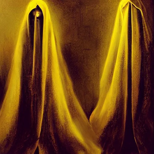 Prompt: a portrait of a twin nuns wearing a long dark cloak, hood and shadows covering face, holding golden chains, oil painting, matte painting, black background, Volumetric Golden dappled dynamic lighting, Highly Detailed, Cinematic Lighting, Unreal Engine, 8k, HD, by Beksinski