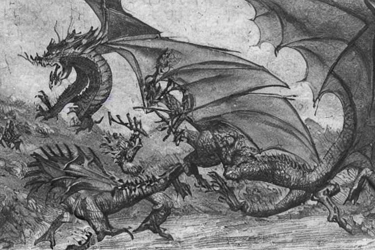 Prompt: very old photo of dragon attacking the medieval village
