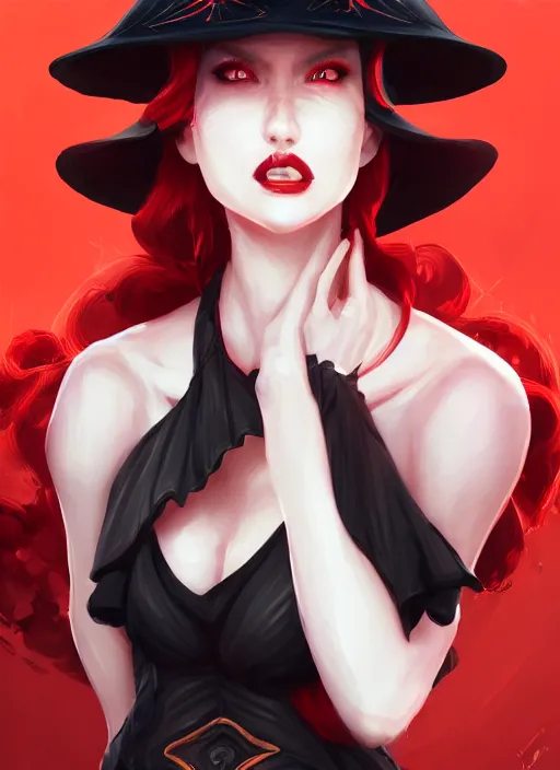 Prompt: a highly detailed illustration of red haired lady wearing black noir dress and black sun hat, dramatic smile pose, intricate, elegant, highly detailed, centered, digital painting, artstation, concept art, smooth, sharp focus, league of legends concept art, wlop.