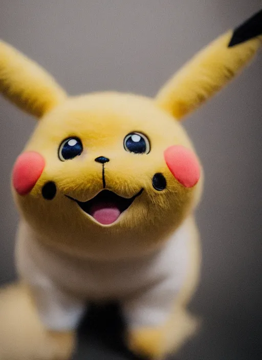 Image similar to a professional photo of pikachu smiling, f / 1. 4, 9 0 mm