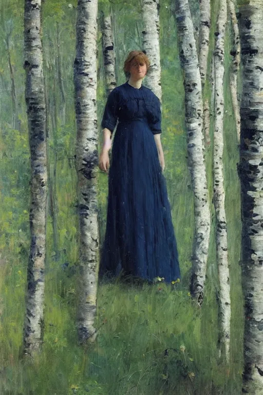 Image similar to “ italian woman, summer dress, standing between birch trees in a dense forest, jeremy lipking, joseph todorovitch ”