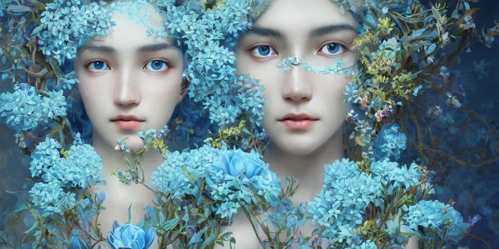 Image similar to breathtaking detailed concept art painting of the goddess of light blue flowers, orthodox saint, with anxious, piercing eyes, ornate background, amalgamation of leaves and flowers, by Hsiao-Ron Cheng, extremely moody lighting, 8K