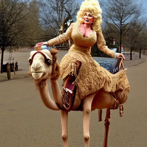 Prompt: Dolly Parton riding a camel in Slough. camel wearing a wig. camel wearing shoes. highly detailed. photorealistic. detailed faces.