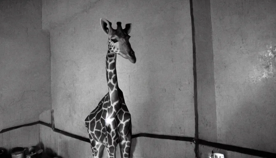 Image similar to a girafe in a stalinist style kitchen, mini dv camera found footage, very very low quality picture, heavy grain, caught on security camera, heavy jpeg artifact, night vision very blurry, caught on trail cam, 1 4 4 p, ultra wide lens