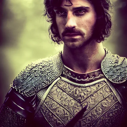 Prompt: sad prince charming in chainmail, medium portrait shot, portrait, cinematic, moody light, fairytale style.