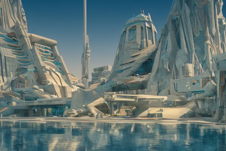 Prompt: highly detailed futuristic egyptian architecture by frank lloyd wright and antoni gaudi, reflective lighting, holographic, stylized vegetation, ground - level view, puddles of turquoise water, stunning sunny lighting, sunrise, by vincent di fate and james jean, 8 k, matte painting, ray tracing, unreal engine 5, octane render, cyberpunk, vibrant