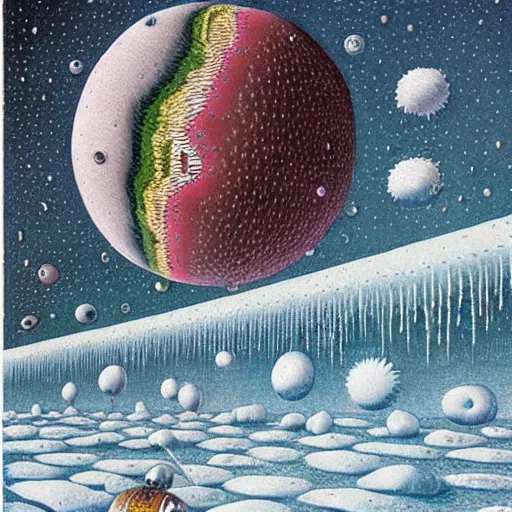 Prompt: codex seraphinianus of the flat earth model surrounded by a ice wall and firmament