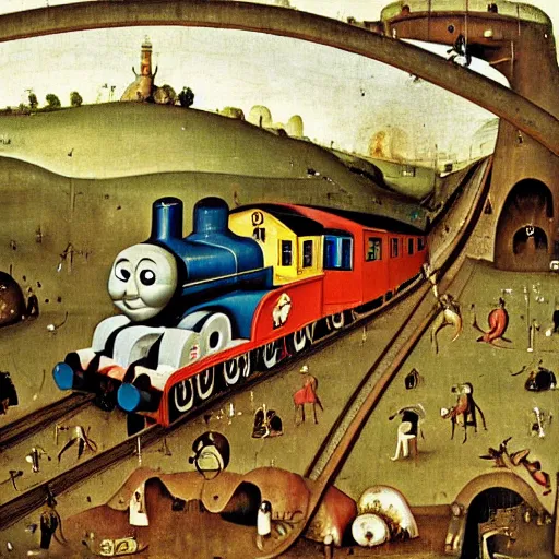 Prompt: thomas the tank engine as painted by hieronymus bosch